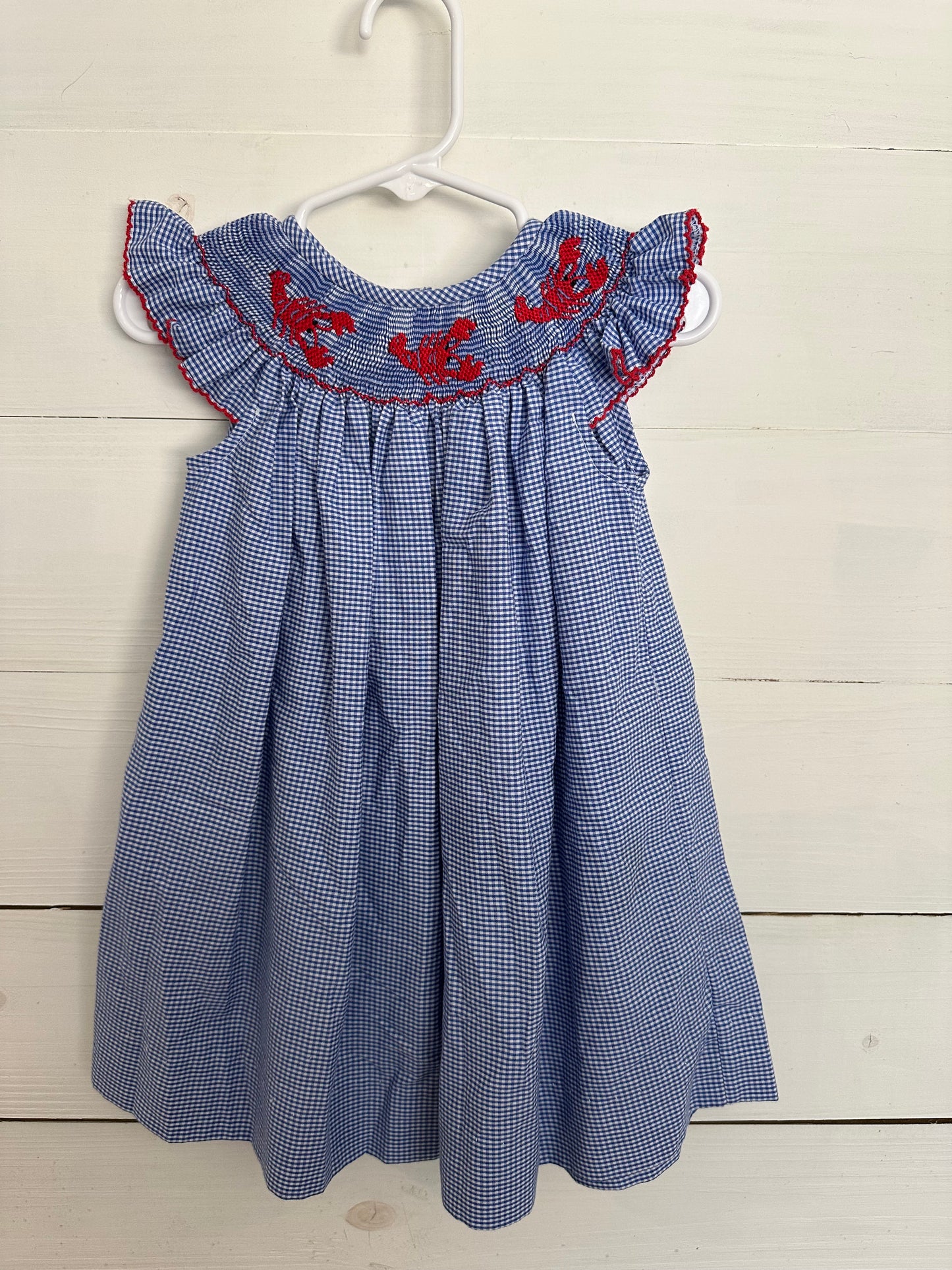 Southern Sunshine Navy Blue Gingham Bishop Dress with Smocked Lobsters