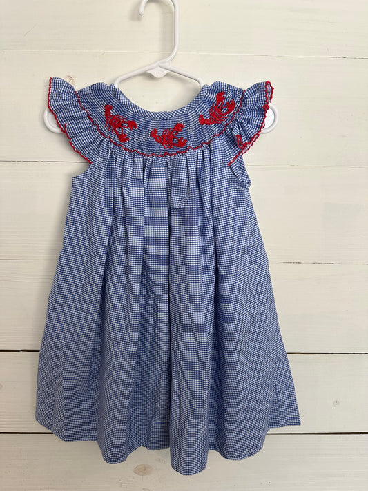 Southern Sunshine Navy Blue Gingham Bishop Dress with Smocked Lobsters