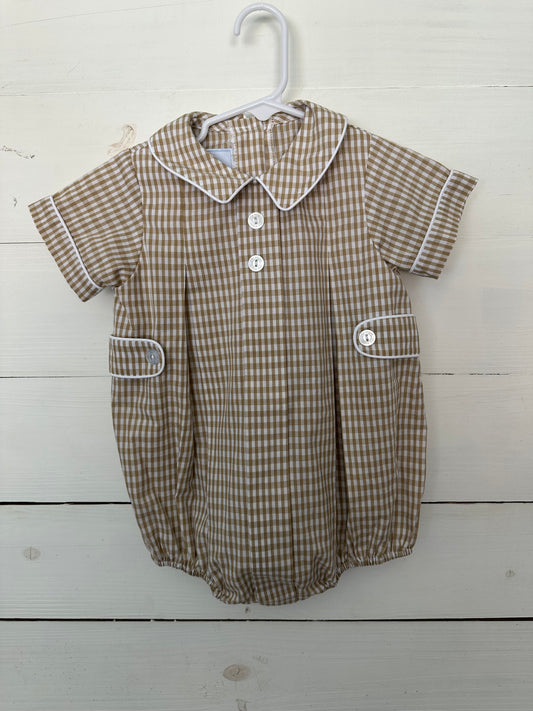 Little English: Tan Gingham Bubble with Peter Pan Collar and White Trim