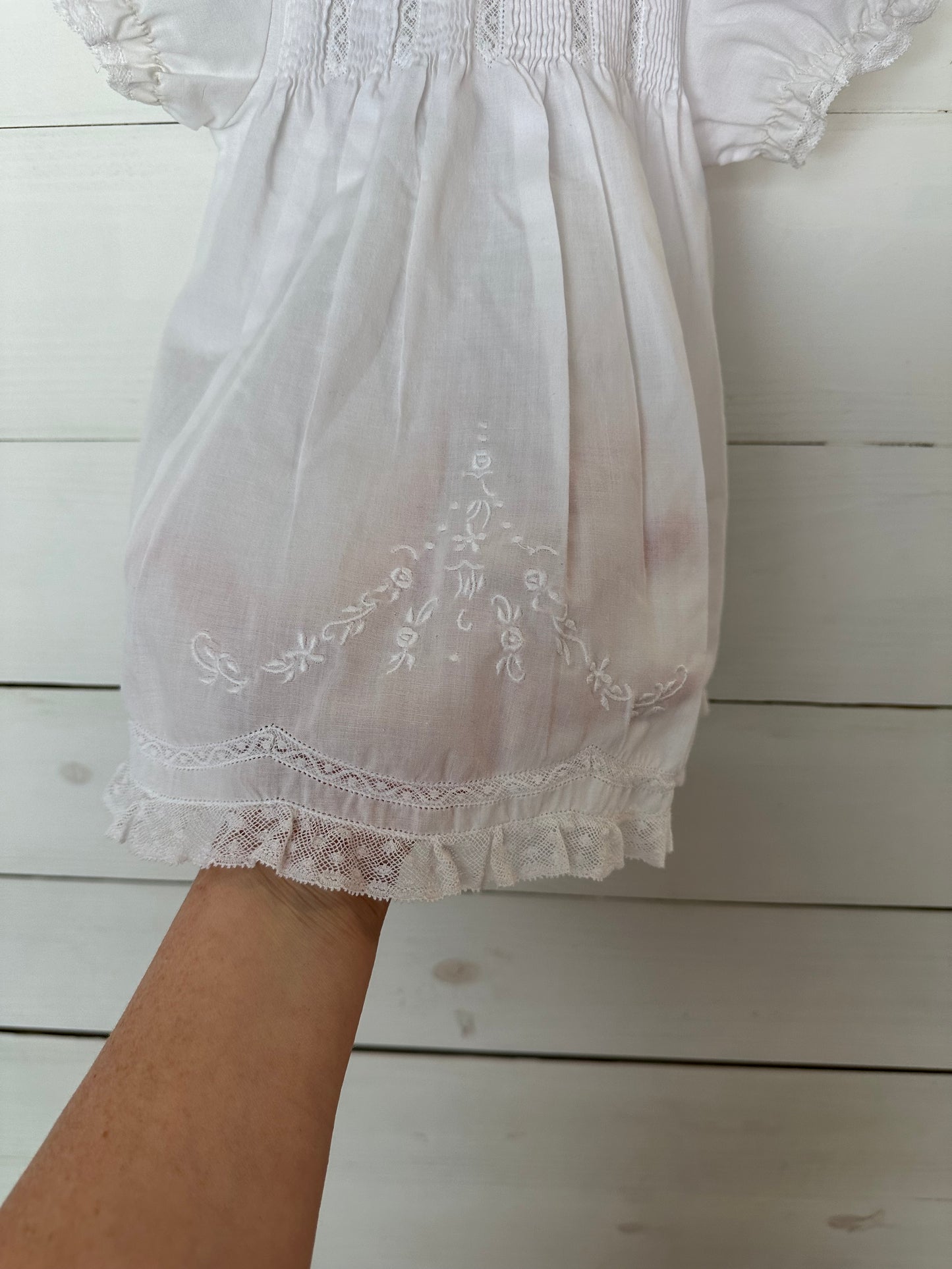 Carriage Boutiques White Smocked with lace detail and embroidered flowers dress