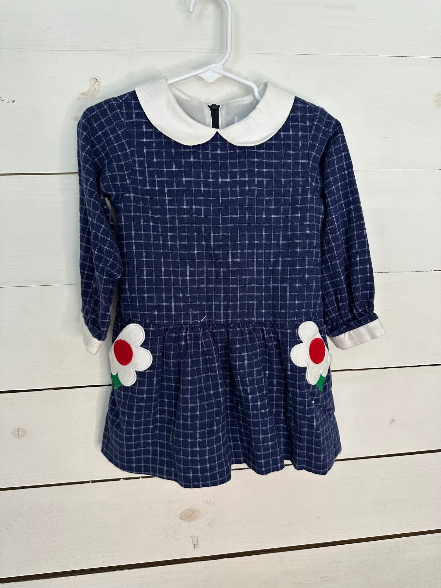 3T - Florence Eiseman Navy and Plaid Window Pain Plaid Dress with Appliqued Flower Pockets
