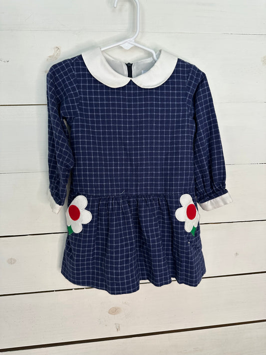 3T - Florence Eiseman Navy and Plaid Window Pain Plaid Dress with Appliqued Flower Pockets