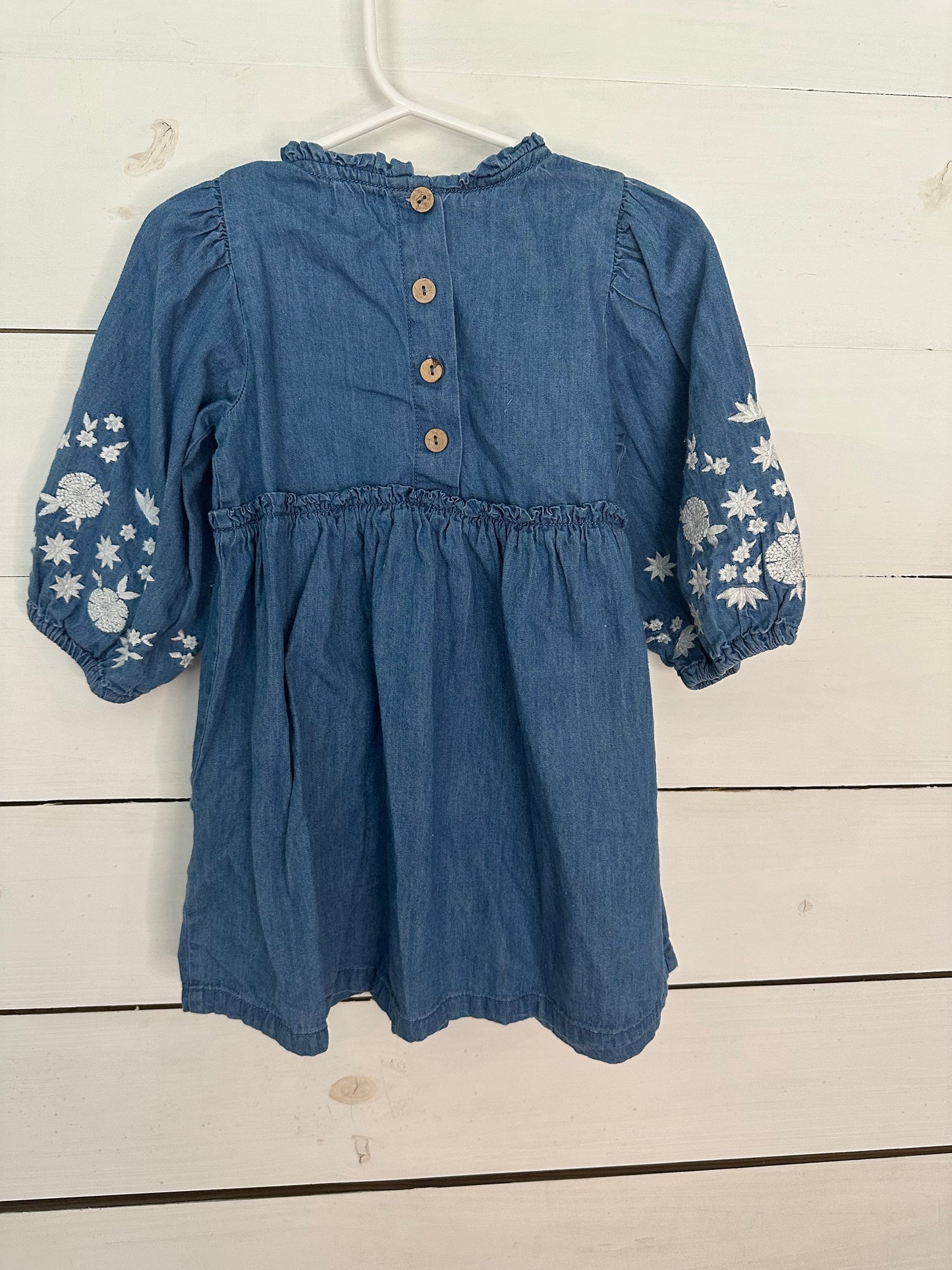 3T - Denim Long Sleeve Dress with Embroidered Sleeves - MudPie