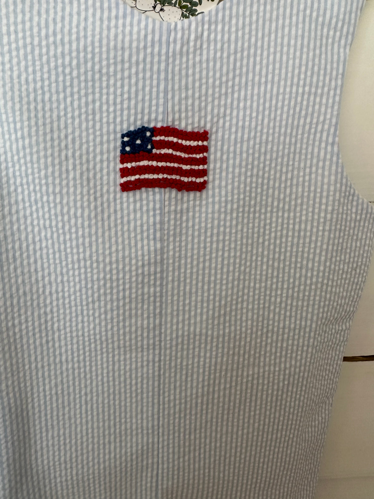 4T -NWT  Trotter Street Patriotic Seer Sucker Jon Jon with French Knot Flag