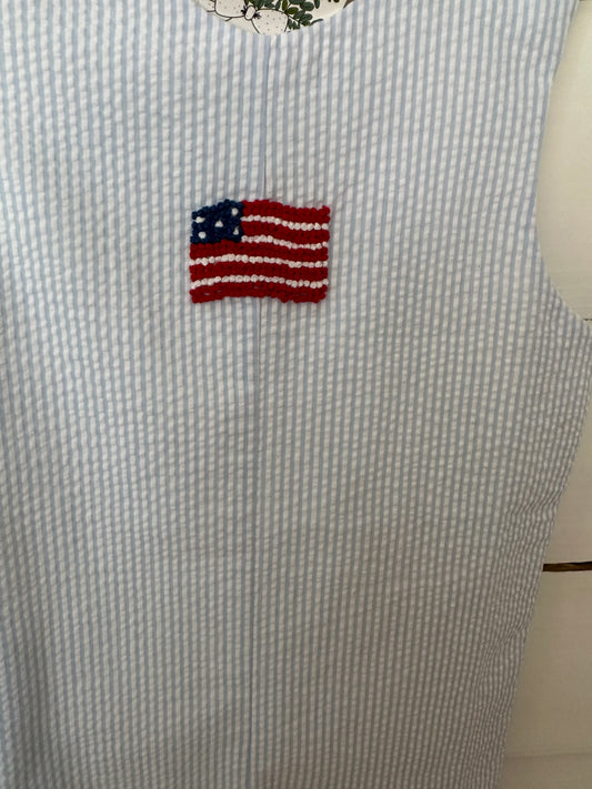 4T -NWT  Trotter Street Patriotic Seer Sucker Jon Jon with French Knot Flag