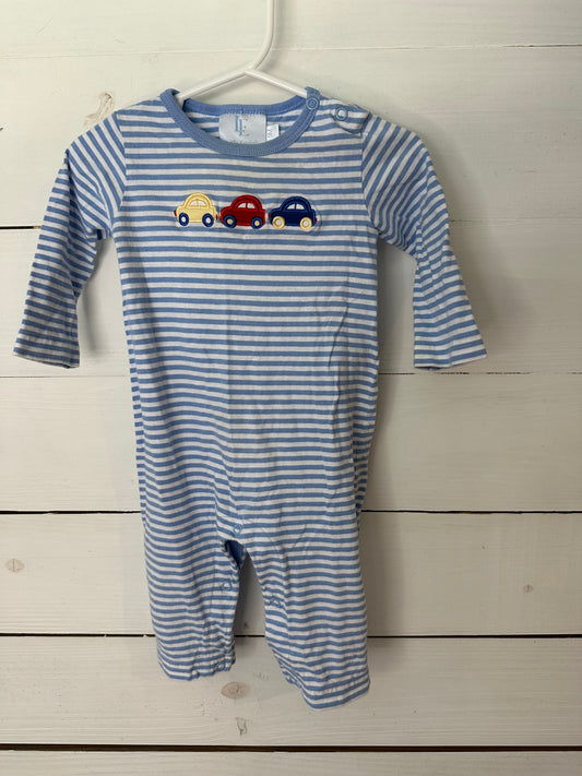 9M - Little English Cars Romper - Blue & White Stripes