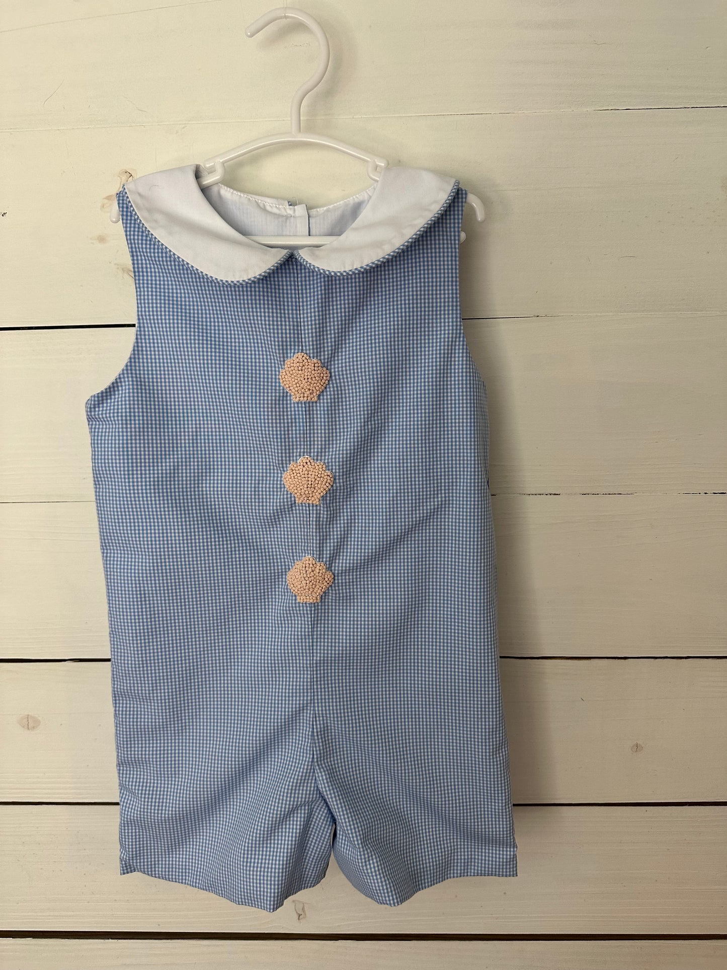2T - Stitchy Fish Peter Pan Collared Blue Gingham Jon Jon with French Knot Sea Shells
