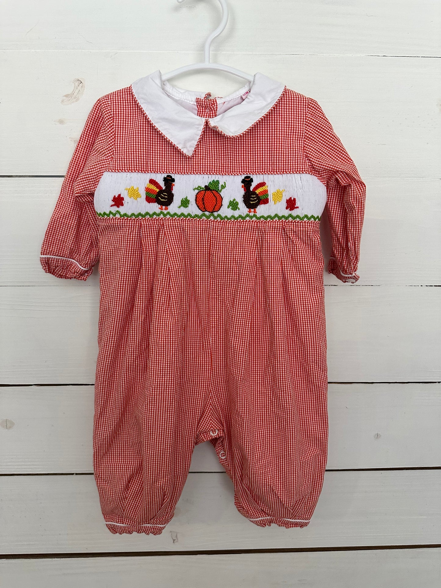 12M - Orange Gingham Romper with Smocked Turkeys