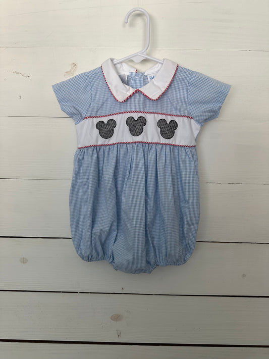 Lulu Bebe: Blue gingham bubble with mickey mouse embroidered