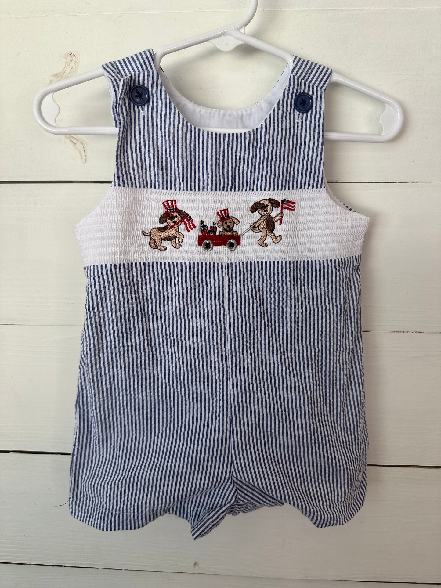 6/9M - Good Lad Blue Jon Jon wth Marching Smocked Patriotic Pups