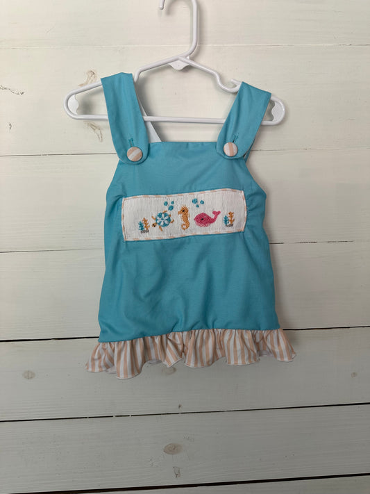 Carolina Smocks Co - Aqua ruffle top with sea animal smocks and coral striped accents/bloomers