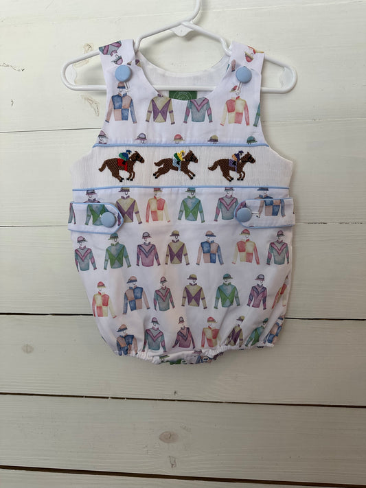 The Sage Smocking Company - Kentucky Derby Romper Smocked with horses and jockey