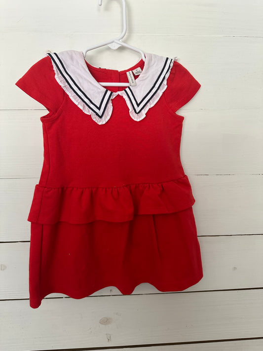 Janie & Jack Red Dress with White & Navy Sailor Collar Detail and small ruffle around waist