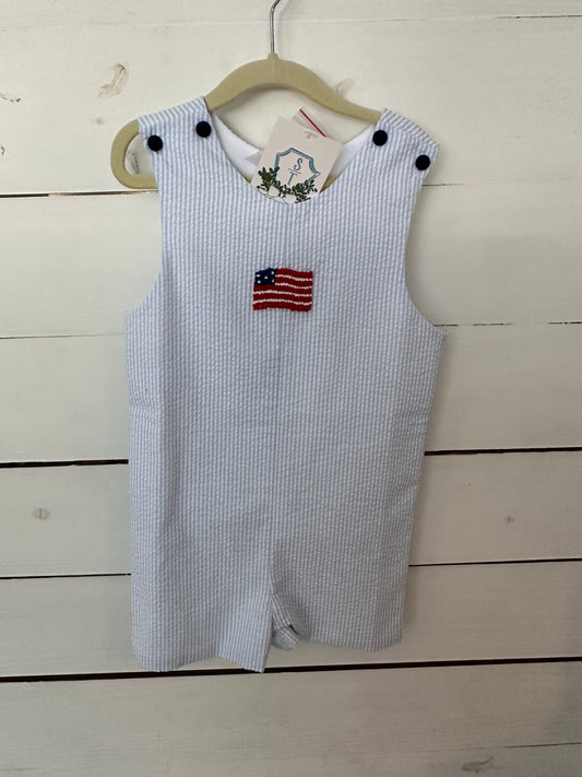 4T -NWT  Trotter Street Patriotic Seer Sucker Jon Jon with French Knot Flag