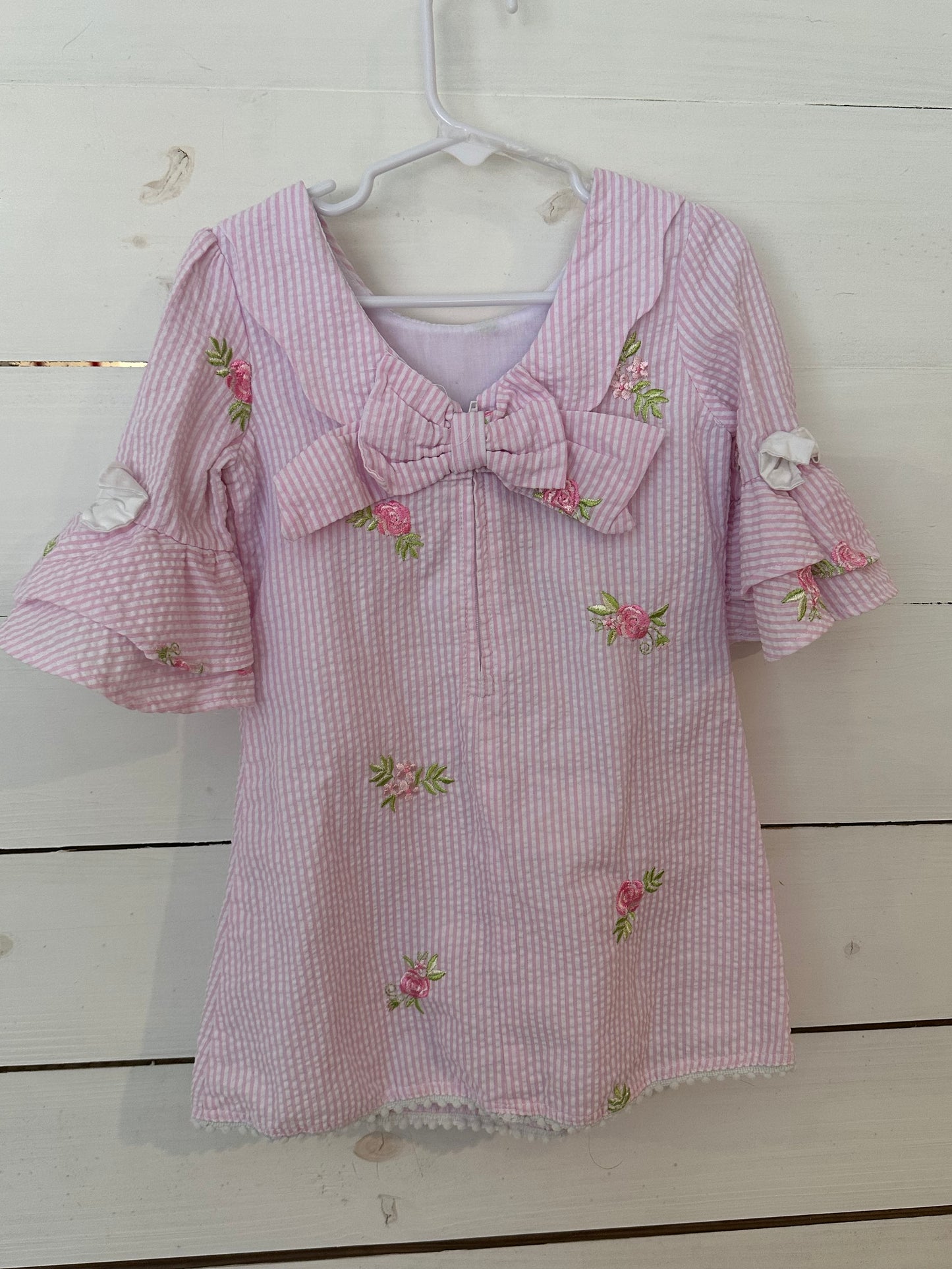 3T - Rare Editions Pink Seer Sucker Dress with Rose Embroidery