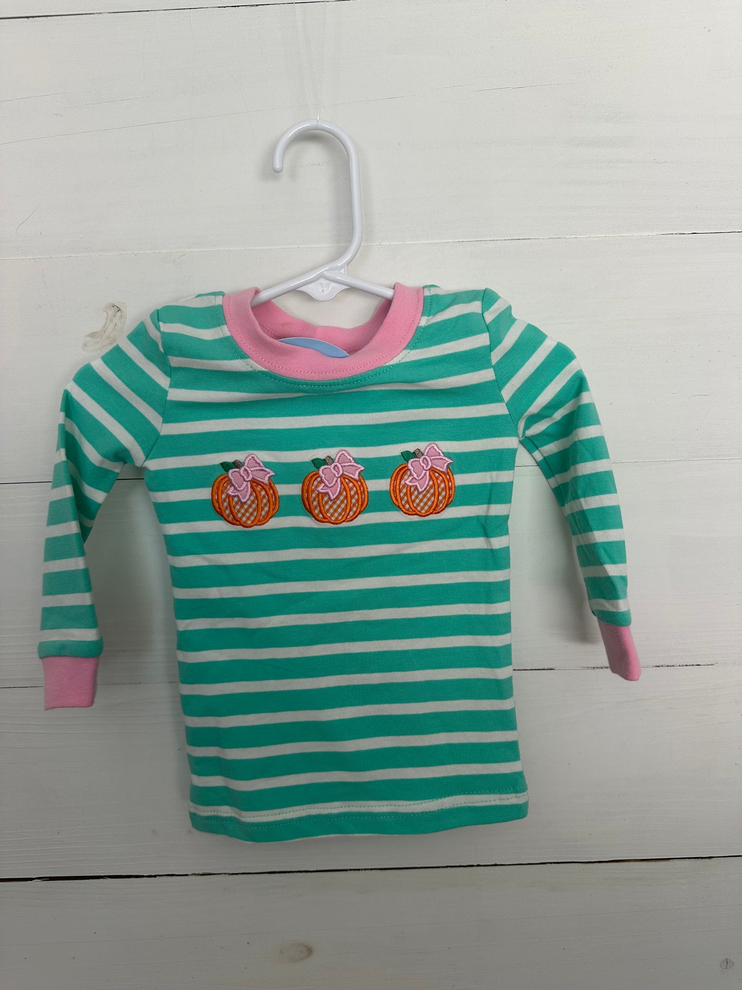 Classic Whimsy Mint Striped Pajamas with Pink Trim and Appliqued Pumpkins with Bows