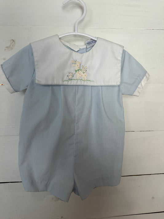 6M- Petit Ami Baby Blue Heirloom Romper with Embroidered Animals