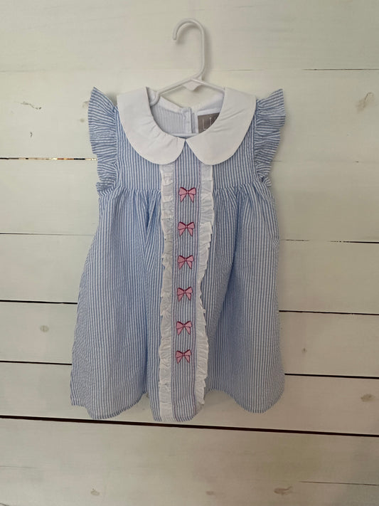 3T - Lil Cactus Blue Seersucker Dress with Embroidered Pink Bows - New with tags
