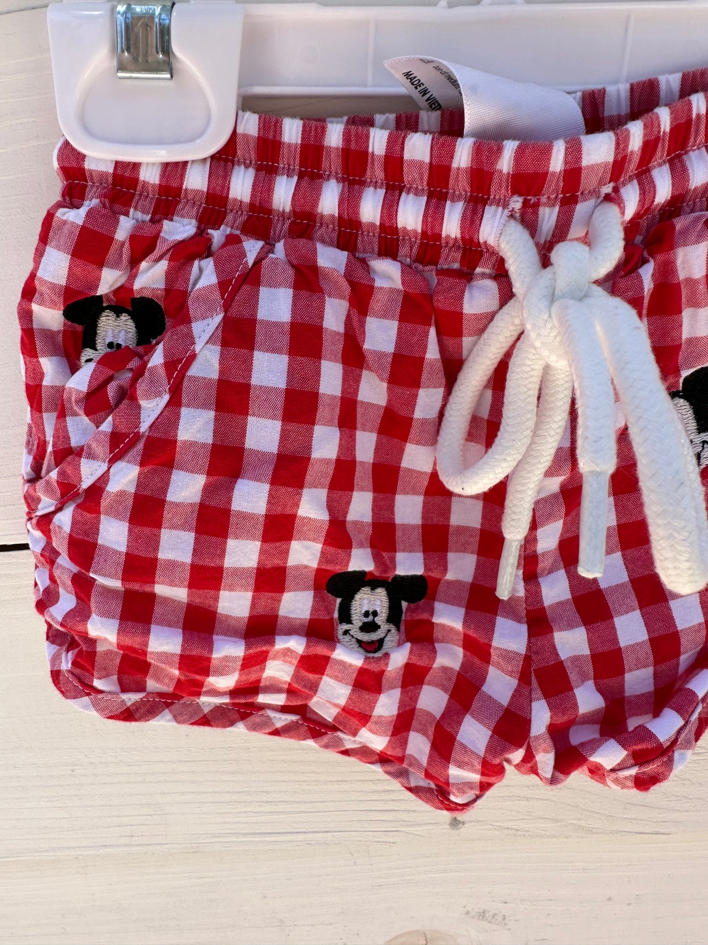 Southern Darlin Smocks 2 Piece short set - Mickey Mouse appliqued shirt and mickey mouse embroidered gingham shorty shorts with draw string