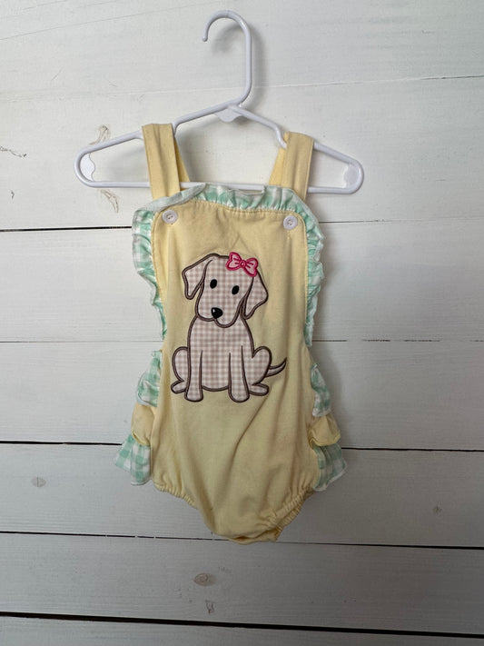 2T- Yellow Appliqued Puppy Dog Bubble with Mint Gingham Details