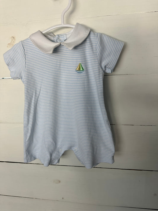 3M - Stitchy Fish Romper with Embroidered Sail Boat - Pima Cotton