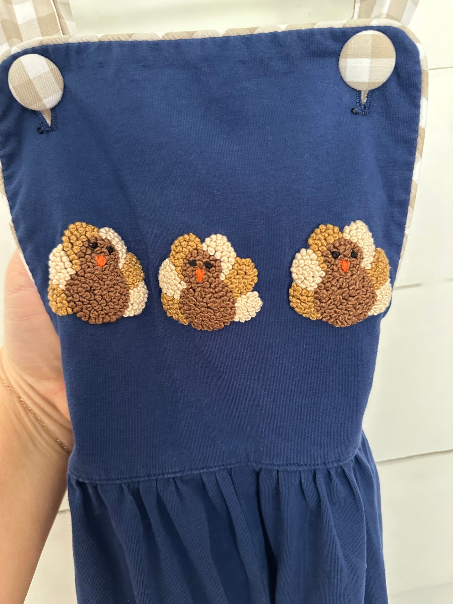24M - Sugar Dumplin - Navy Blue French Knot Turkey Overalls with Adjustable Gingham Staps - Cotton