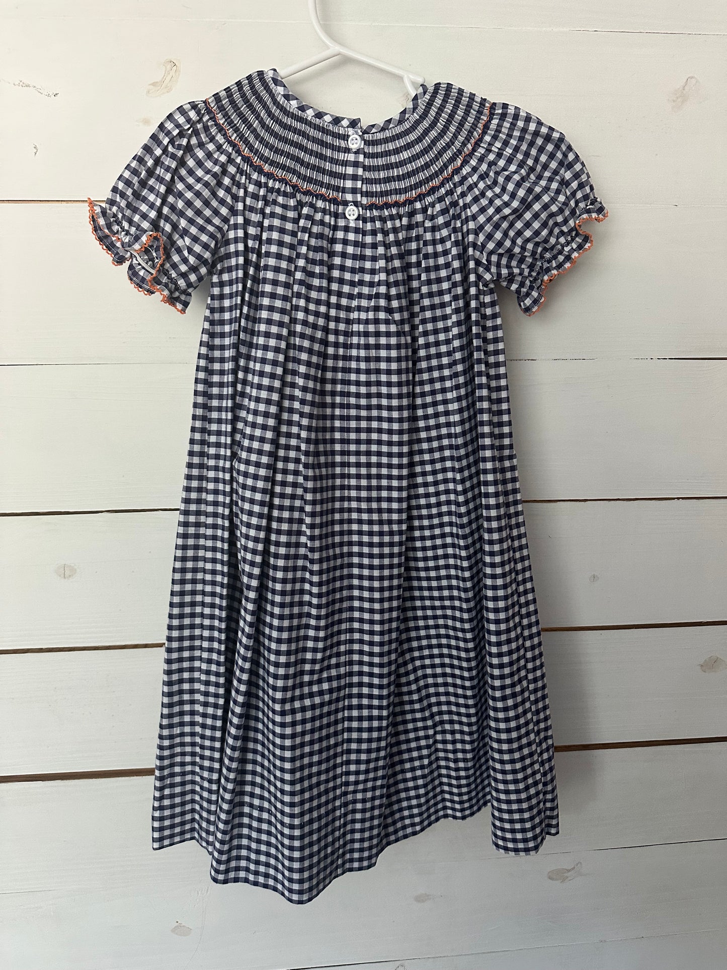 4T - Classic Whimsy - Navy Blue Gingham Dress with Smocked Pumpkins