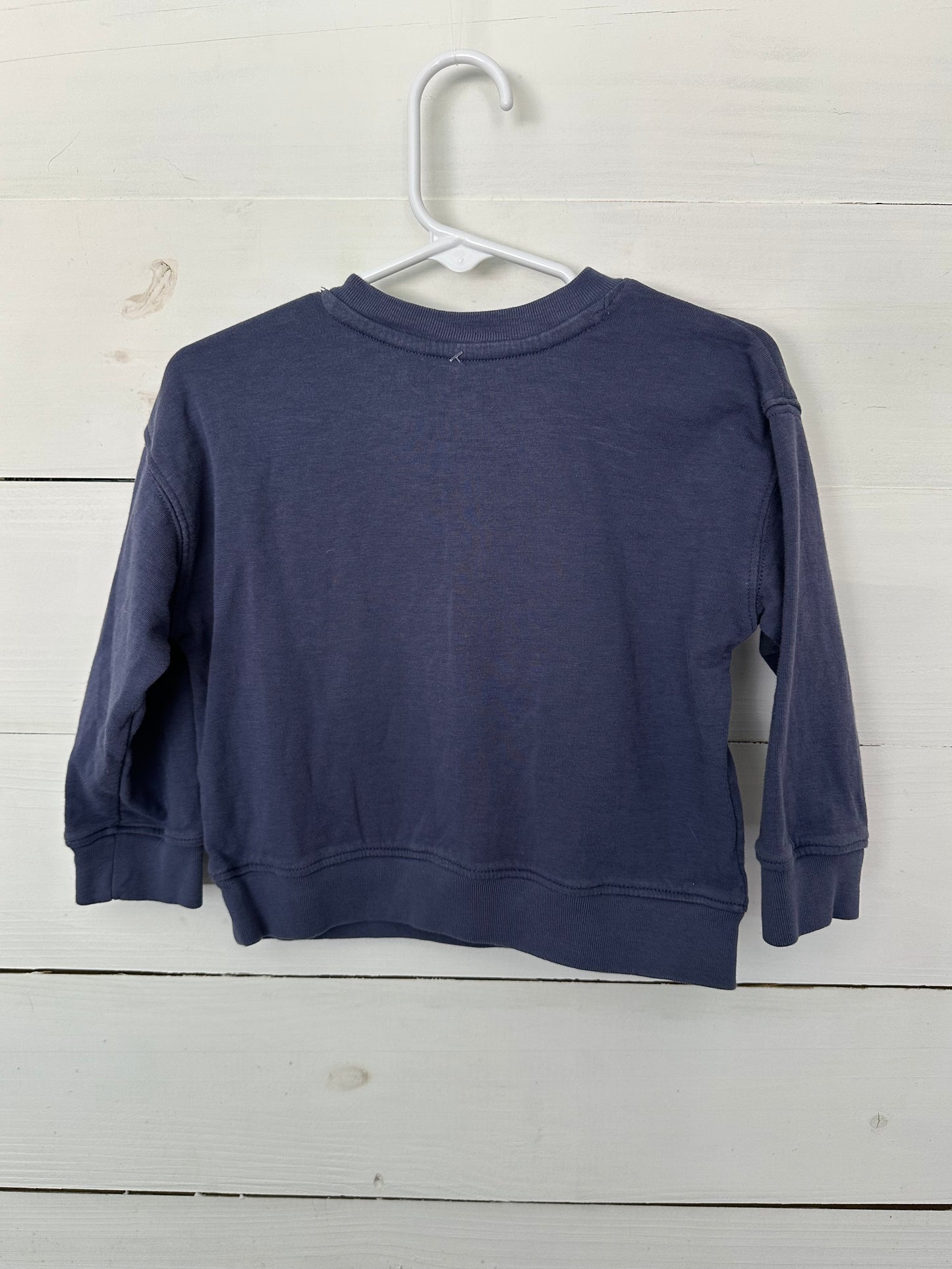 18/24m Primary - Weathered navy blue sweat shirt with button on neck to allow for removing and putting on easily