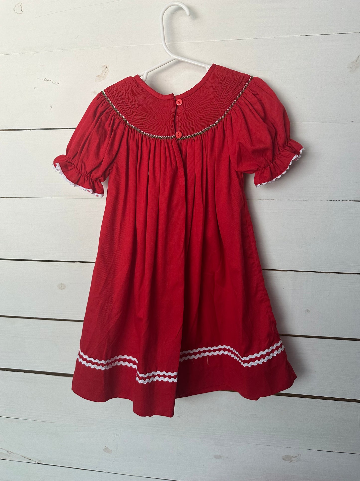 3T - Red Smocked Bishop Dress with Christmas Tree's - Barefoot