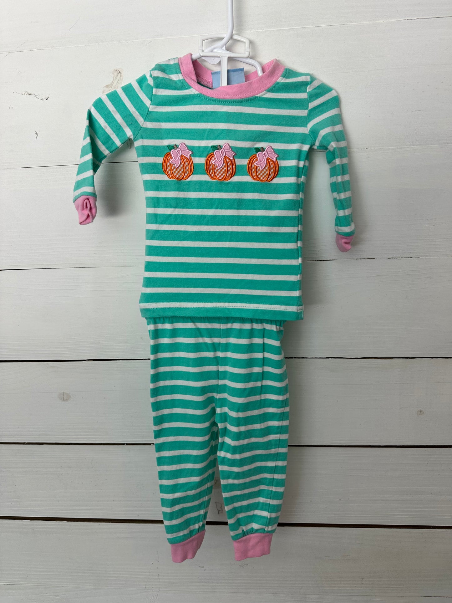 Classic Whimsy Mint Striped Pajamas with Pink Trim and Appliqued Pumpkins with Bows