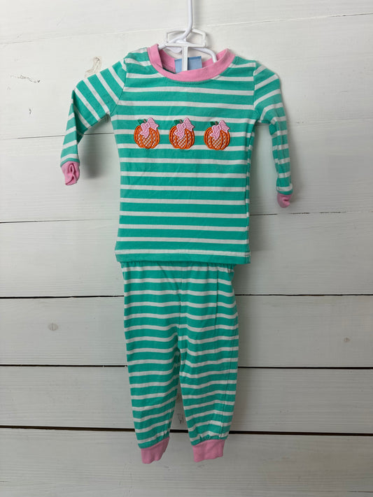 Classic Whimsy Mint Striped Pajamas with Pink Trim and Appliqued Pumpkins with Bows