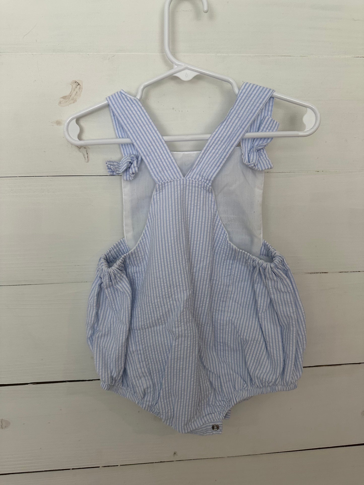 The Proper Peony: Seersucker sunsuit with blue and green smocking