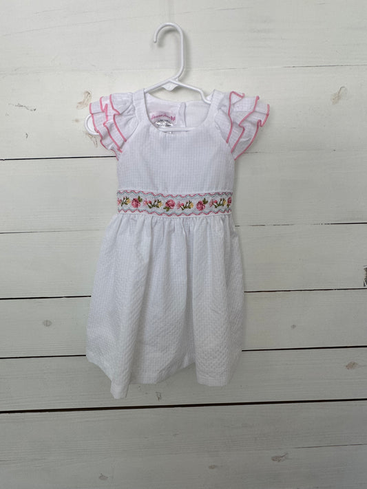 2T - White Bonnie Jean Dress with Smocked flowers and flutter sleeves