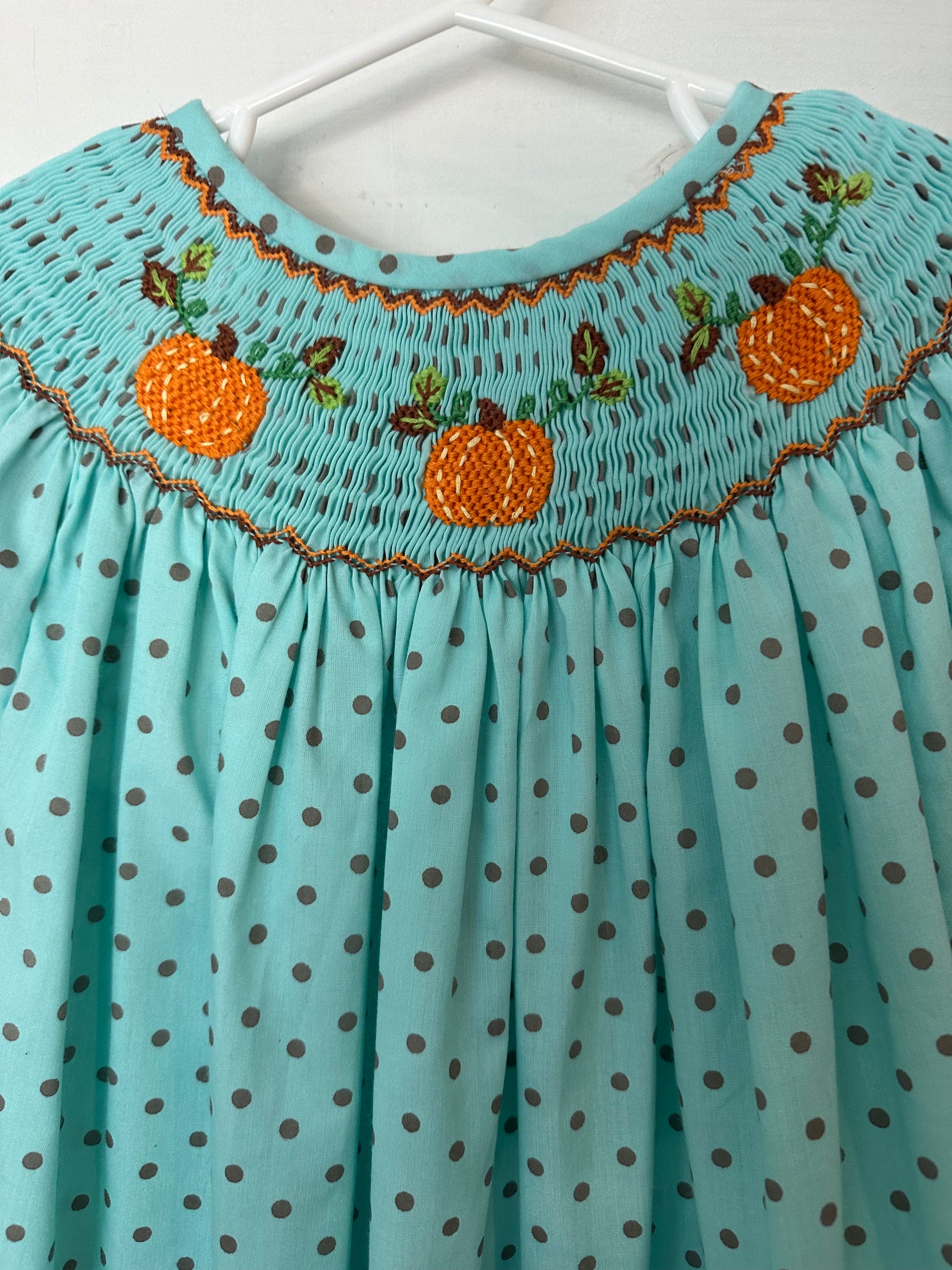 smocked pumpkin dress 4T- Mint Polka Dot Smocked Pumpkin Bishop Dress
