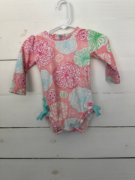 18-24M - Ruffle Butts Long Sleeve Swimsuit - Pink and Blue Flowers