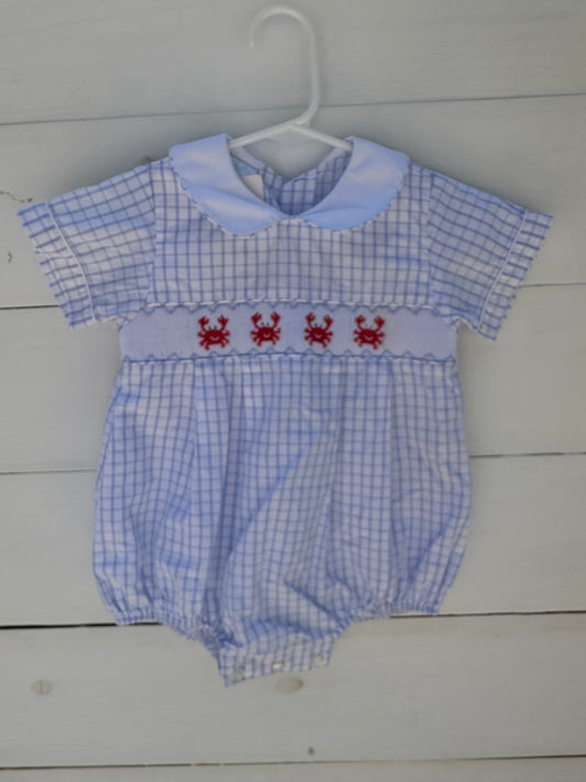 Petit Bebe: Light blue window payne bubble with smocked crabs and peter pan collar