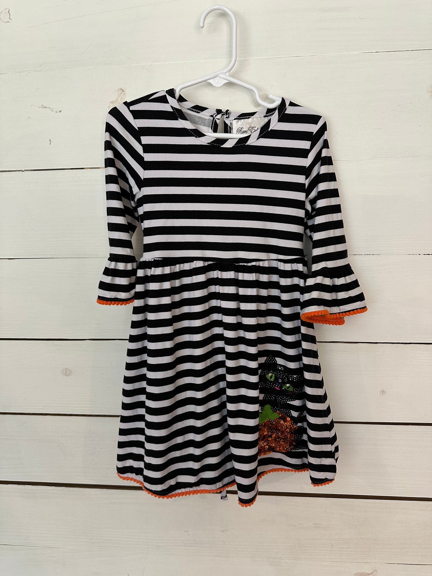 4T - Rare Editions Black and White Striped Dress with Sequin Pumpkin & Black Cat