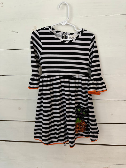 4T - Rare Editions Black and White Striped Dress with Sequin Pumpkin & Black Cat