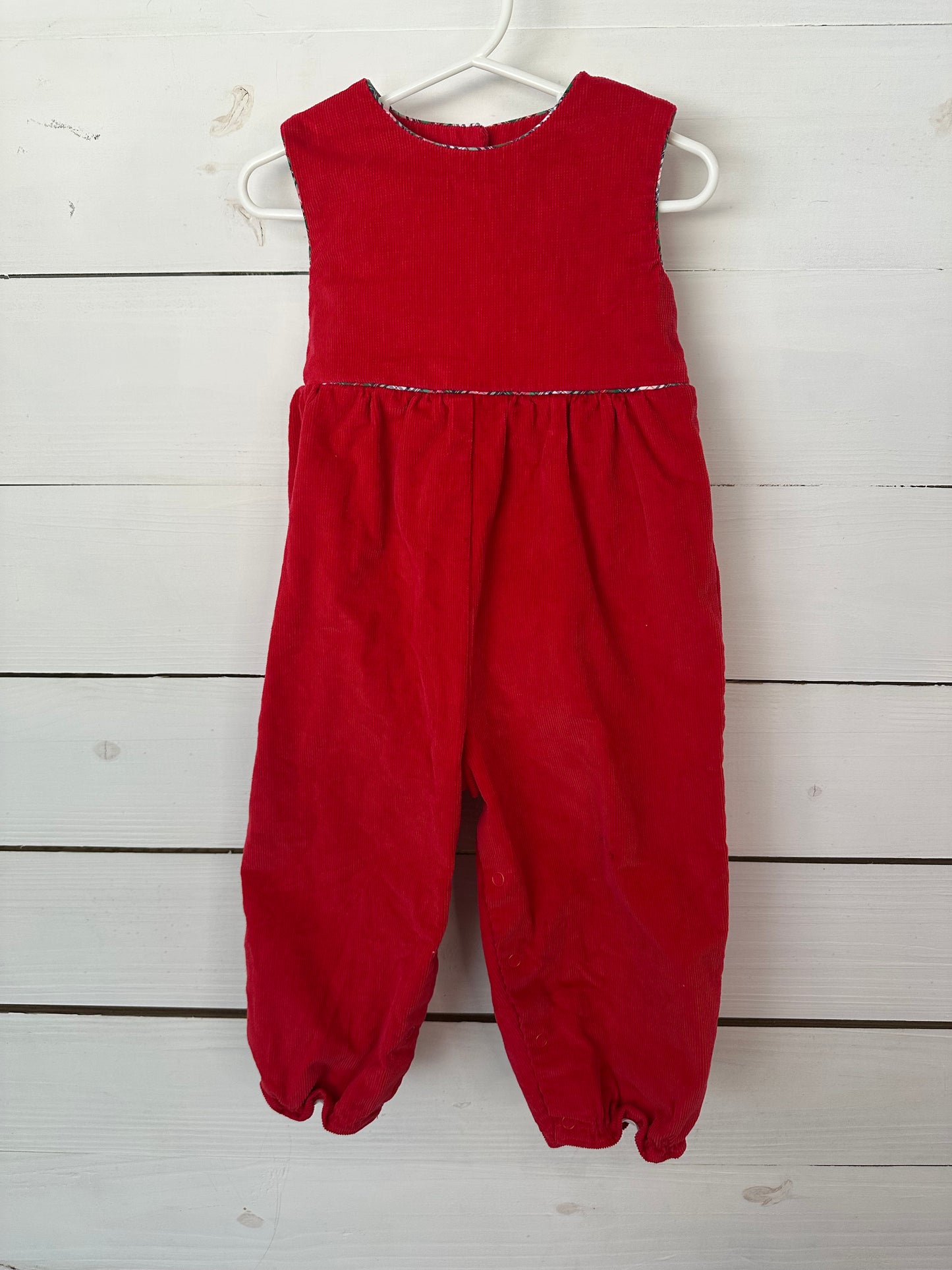 2T - TBBC Red Corduroy Jumper with Tartan Plaid Ties and Trim