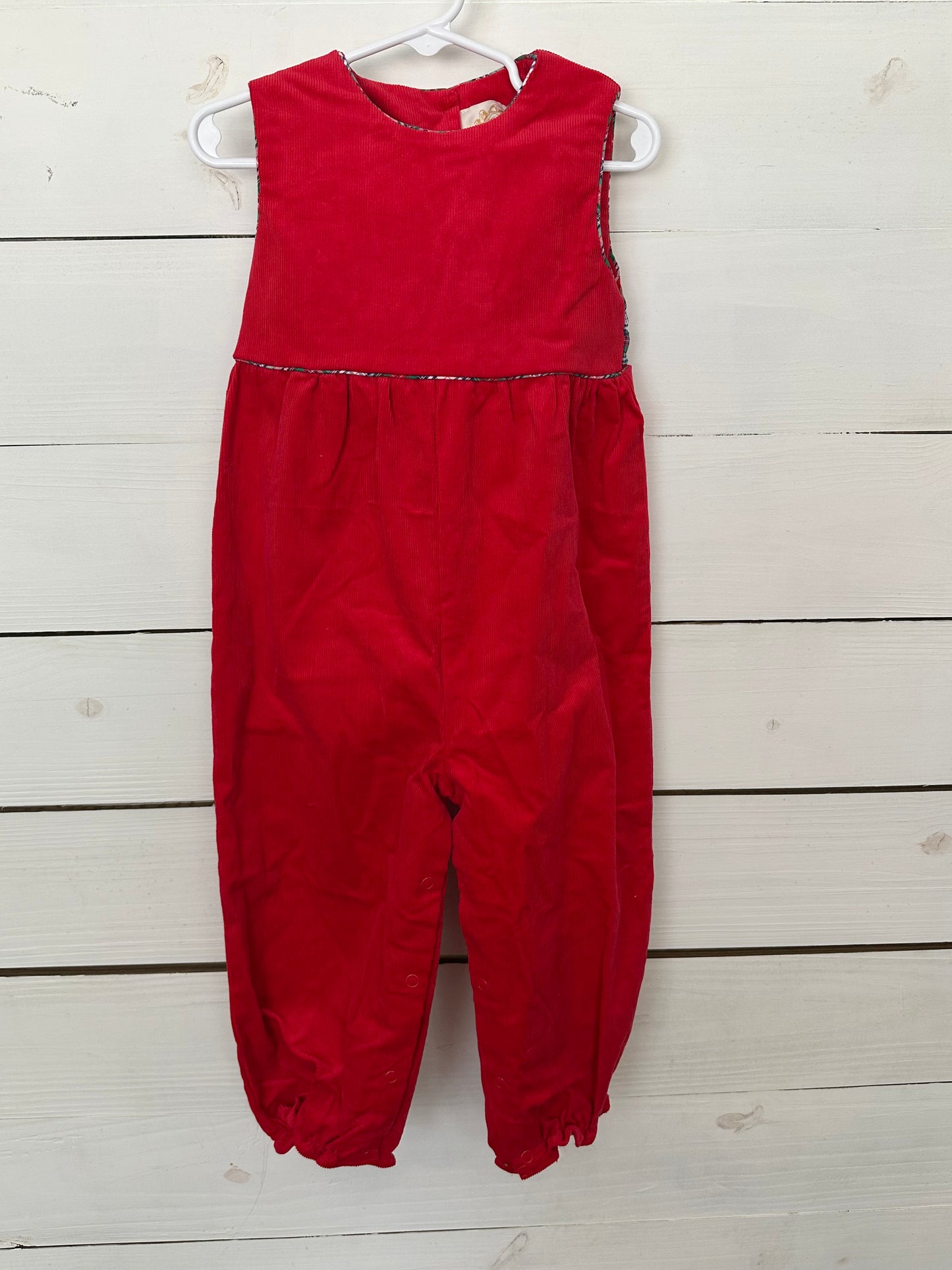 3T - TBBC Red Corduroy Jumper with Tartan Plaid Ties and Trim