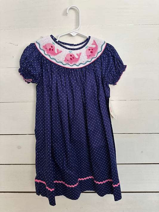 Maxmellata Navy Polka Dots with Smocked Pink Whales