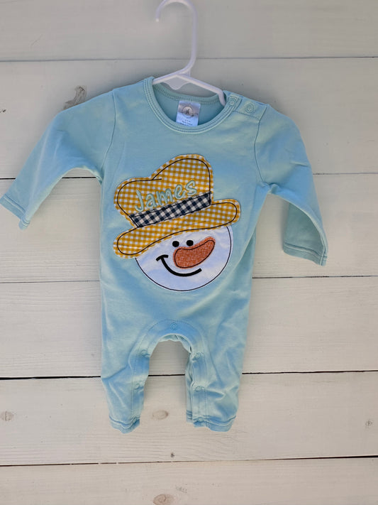 0/3m - James Ice Blue Romper with Frosty the Snowman Appliqued