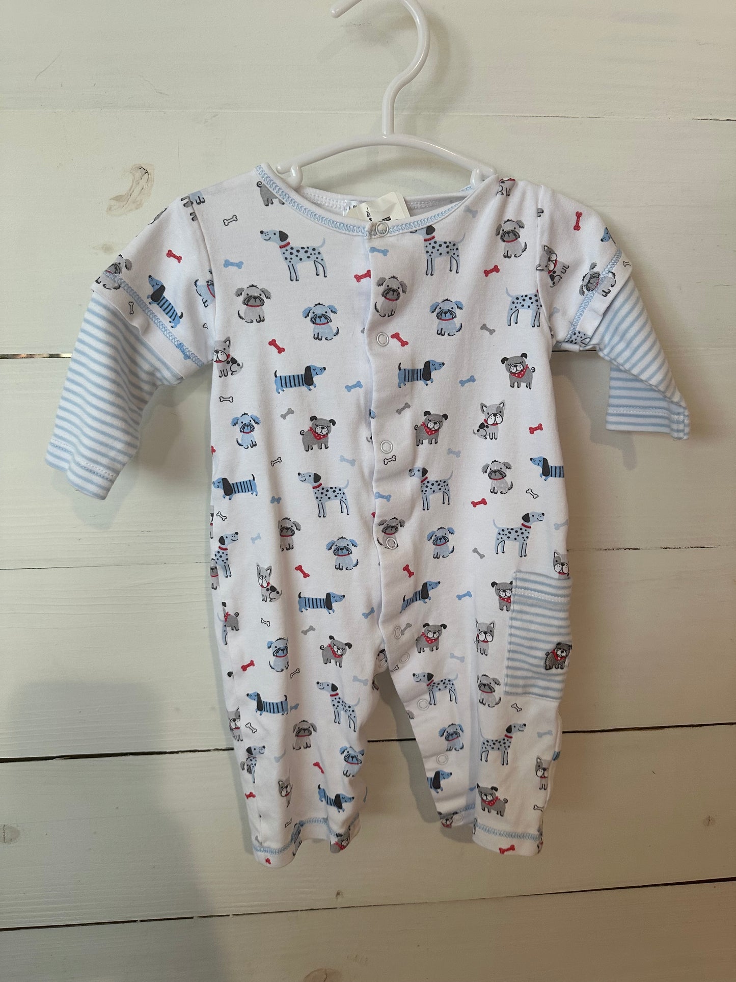 0-3M - Kissy Kissy Puppies and Blue Strip Button Up Romper