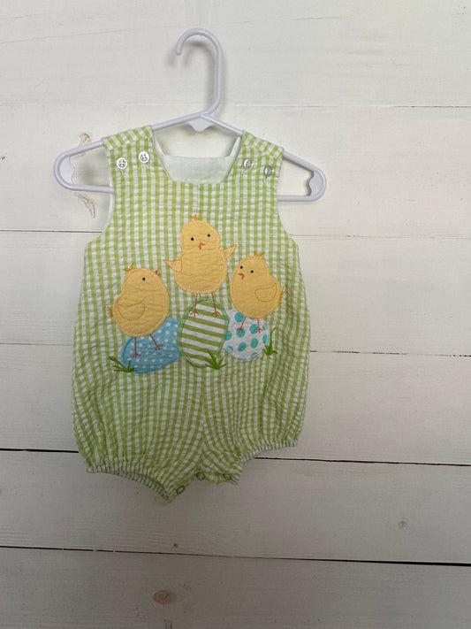 Bailey Boys: Green seer sucker bubble with appliqued Easter chicks and eggs
