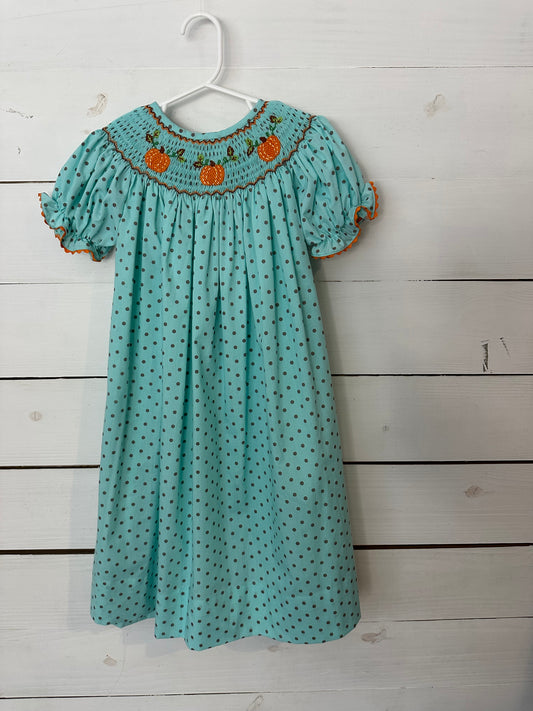 4T- Mint Polka Dot Smocked Pumpkin Bishop Dress - Nola Smocks