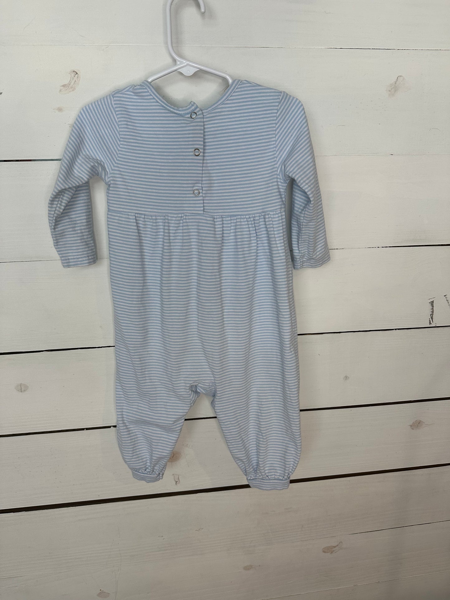 12M - Stichy Fish Baby Blue Striped Romper with Appliqued Giraffe