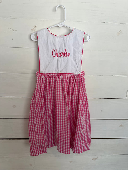 Southern Sunshine Pink Gingham Dress with Charlie Embroidered