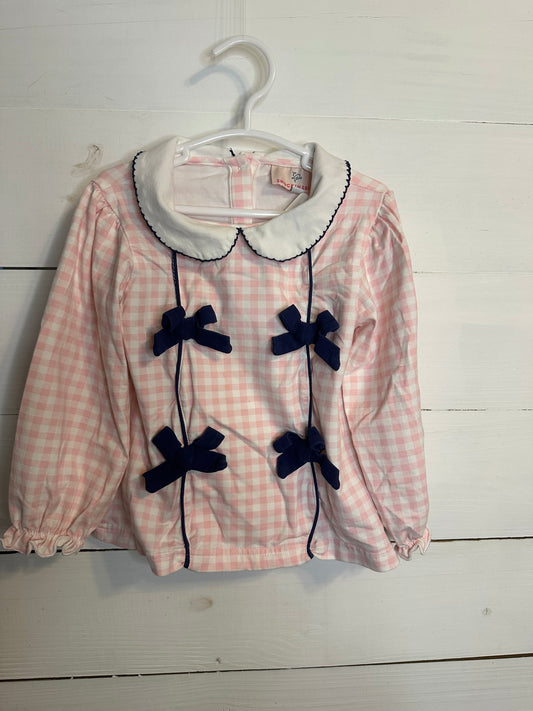 24M - Smocking Bird Pink Gingham Top with Navy Blue Bows