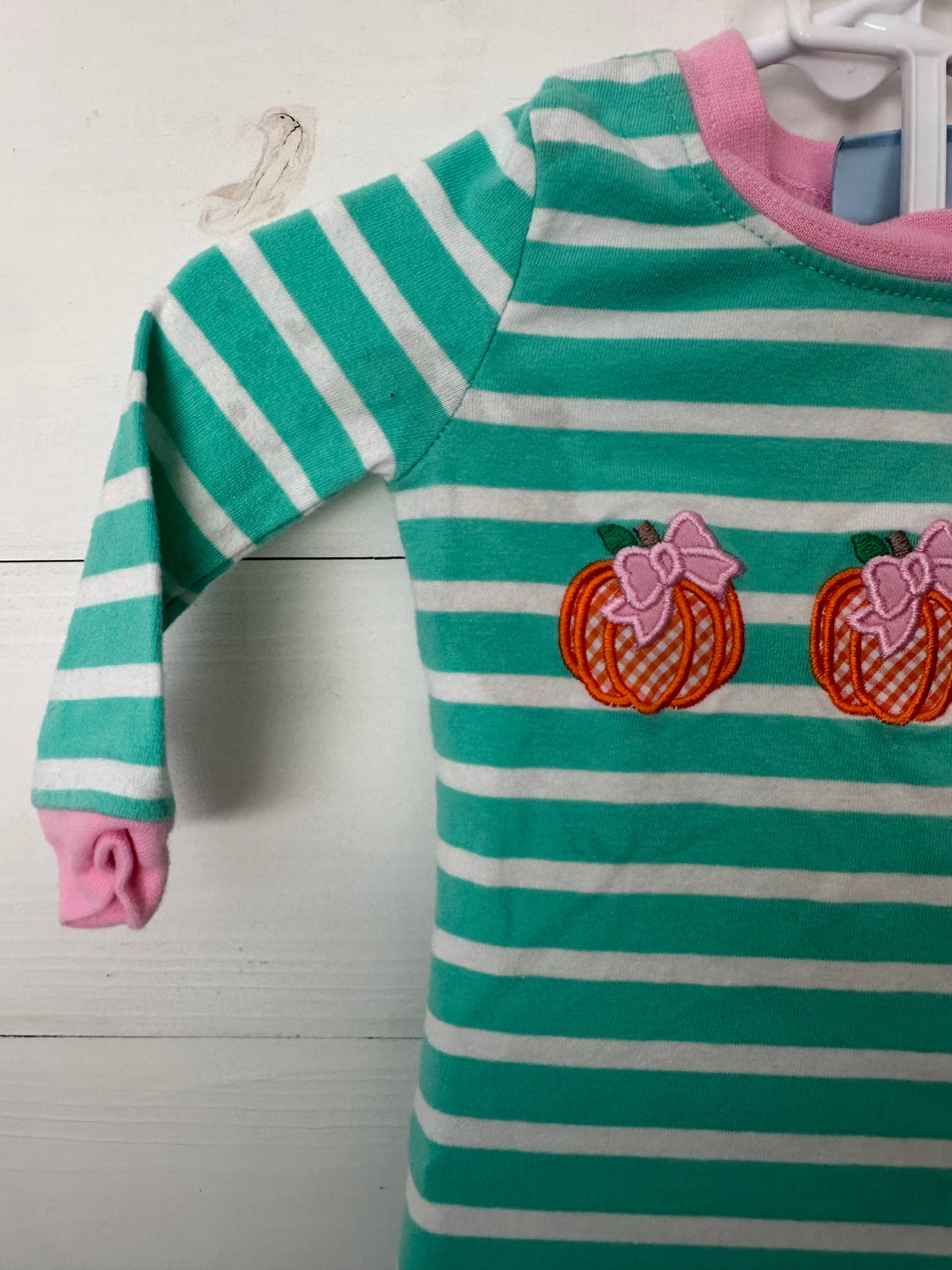 Classic Whimsy Mint Striped Pajamas with Pink Trim and Appliqued Pumpkins with Bows