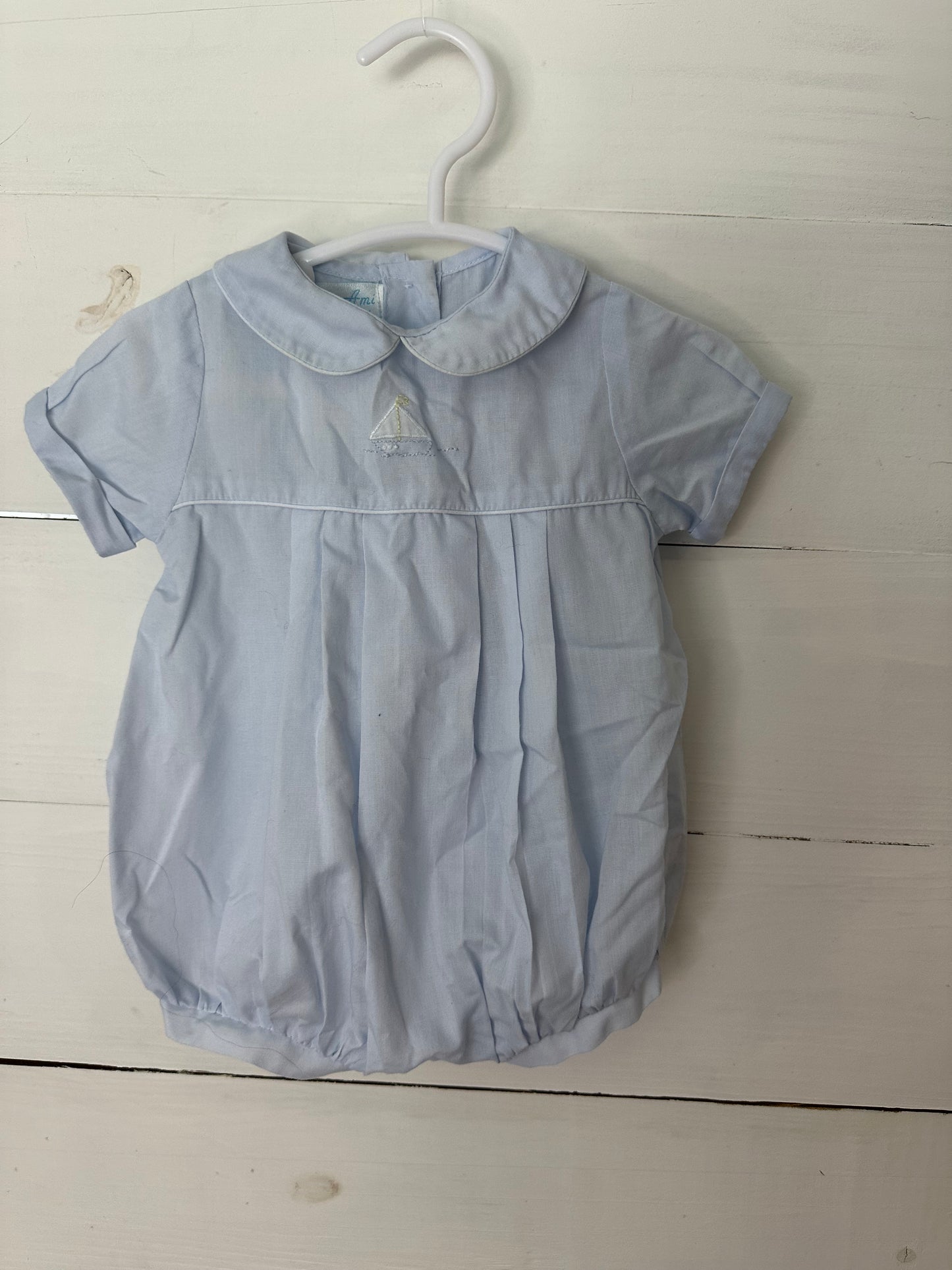 Newborn - Feltman Brothers Bubble with Embroidered Sail Boat - Missing a button on back - Still functional